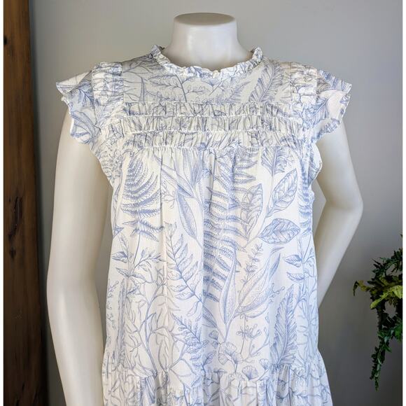 Aura Minidress Babydoll Medium White Blue Botanical Print Tiered Ruffled Smocked - Picture 2 of 12